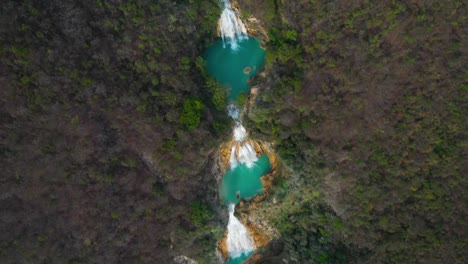 aerial: mexico waterfall cascades in tropical rainforest