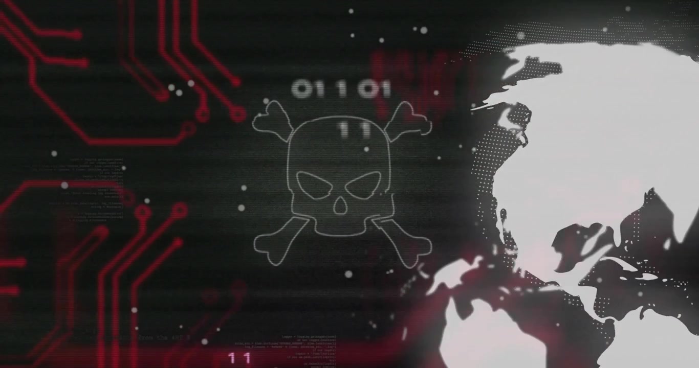 Animeret digital globus med cybersikkerhedstrussel og binær kode