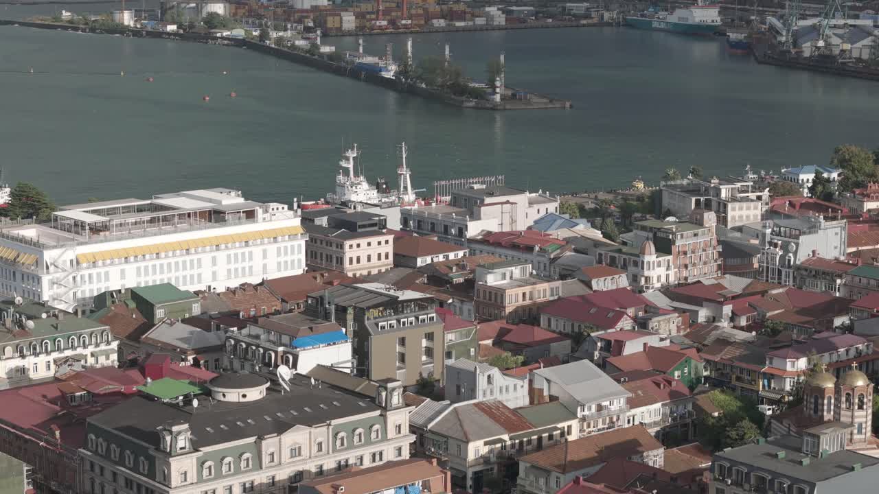Cinematic daytime drone footage of Batumi port on the Black Sea.