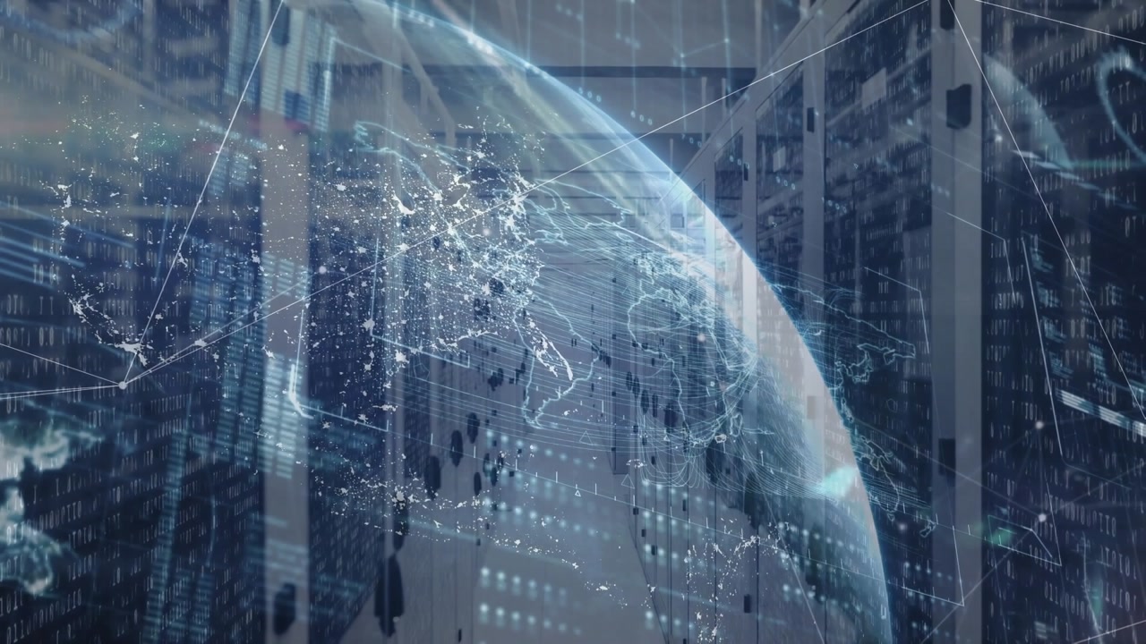 Animation of data processing and globe over server room