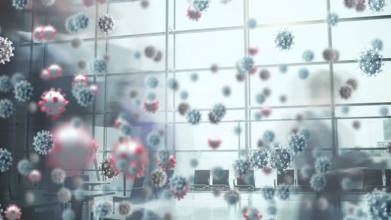 코로나 19 세포의 애니메이션 바쁜 사무실