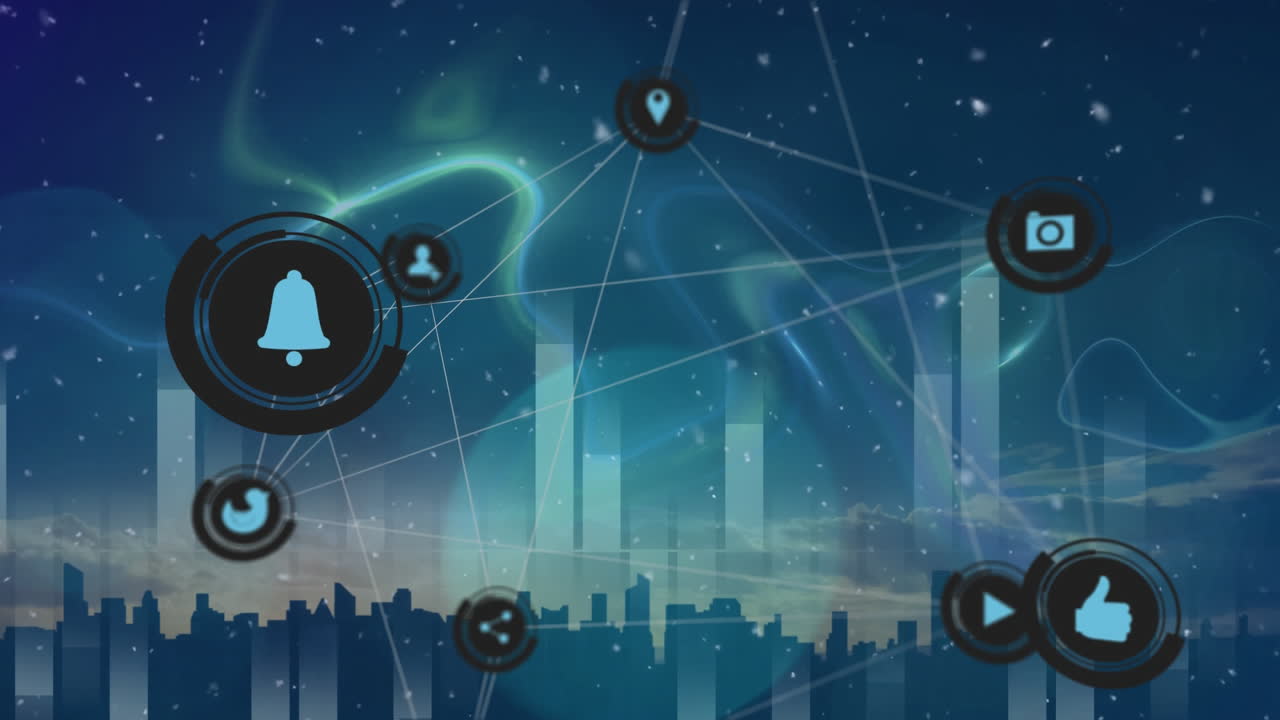 파란색 배경에 도시 풍경을 가진 디지털 아이콘의 연결 네트워크의 애니메이션