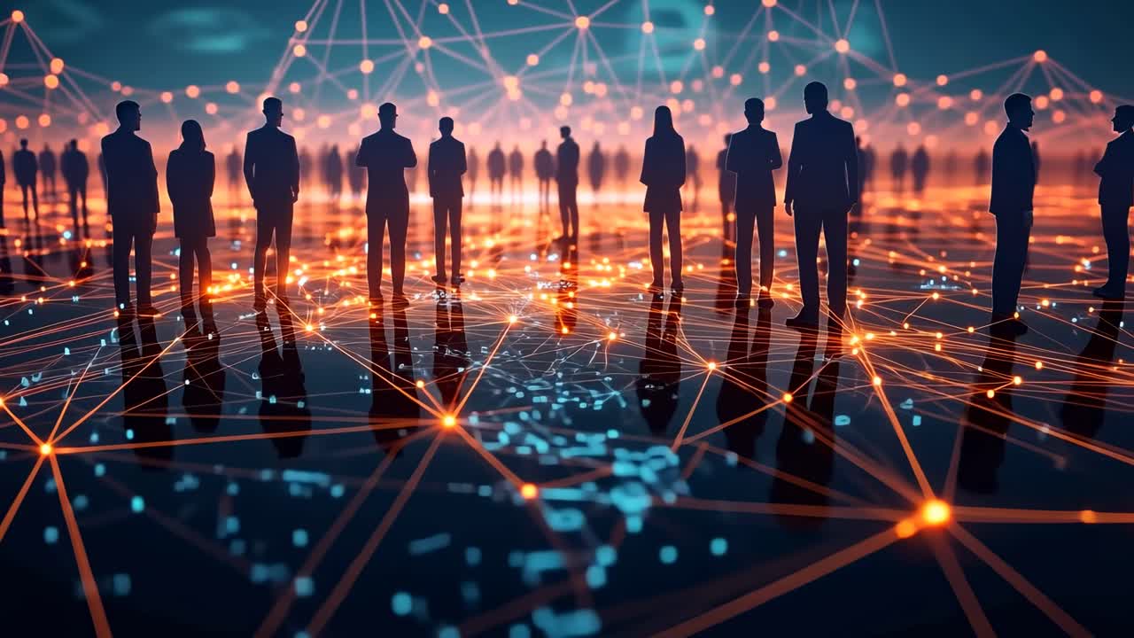 Silhouetted figures on a glowing network grid, captured from a low-angle