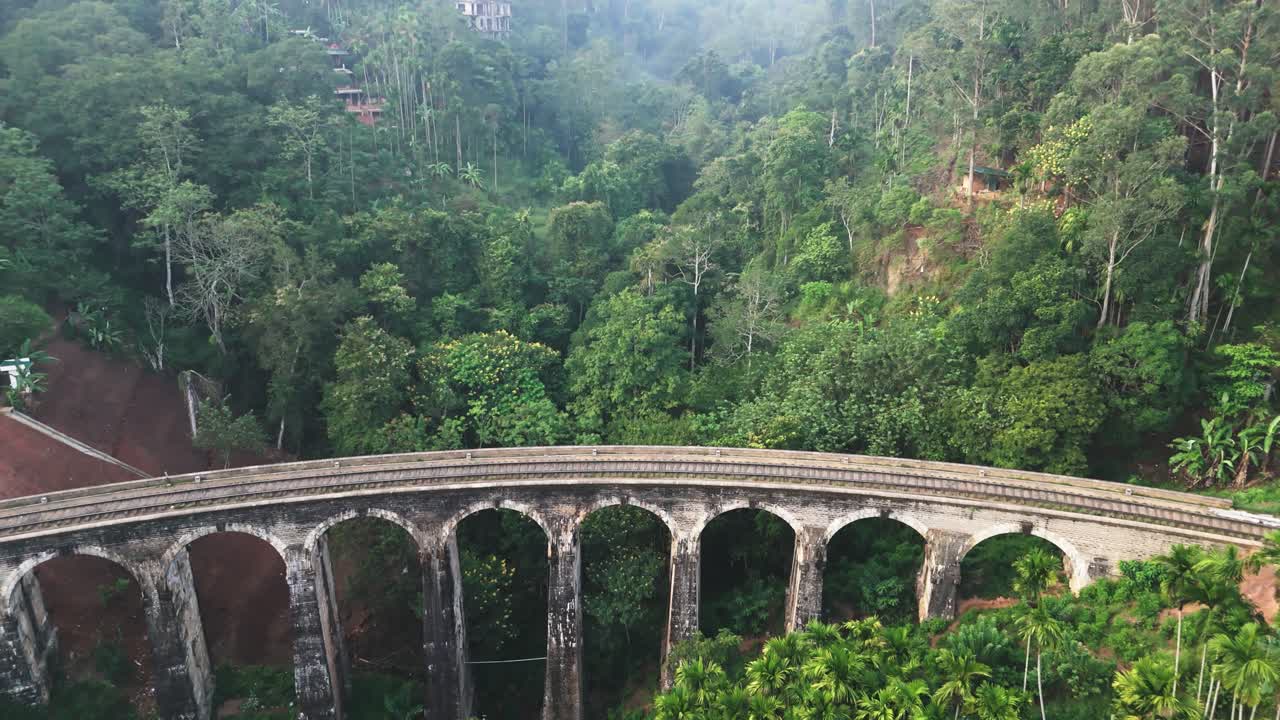 Fly to the nine arches bridge in the morning mist