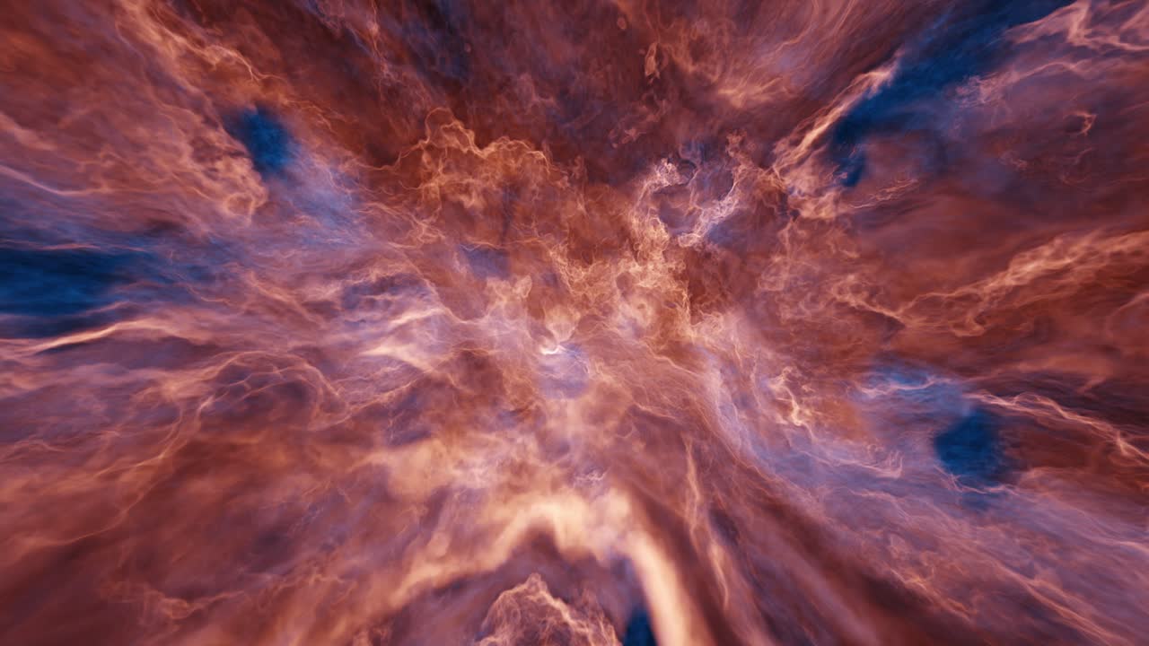 Unexplored galaxy region flying through interstellar solar winds and fiery orange plasma storm clouds - 4K ultra quality abstract outer space inspired backdrop time lapse - seamless looping
