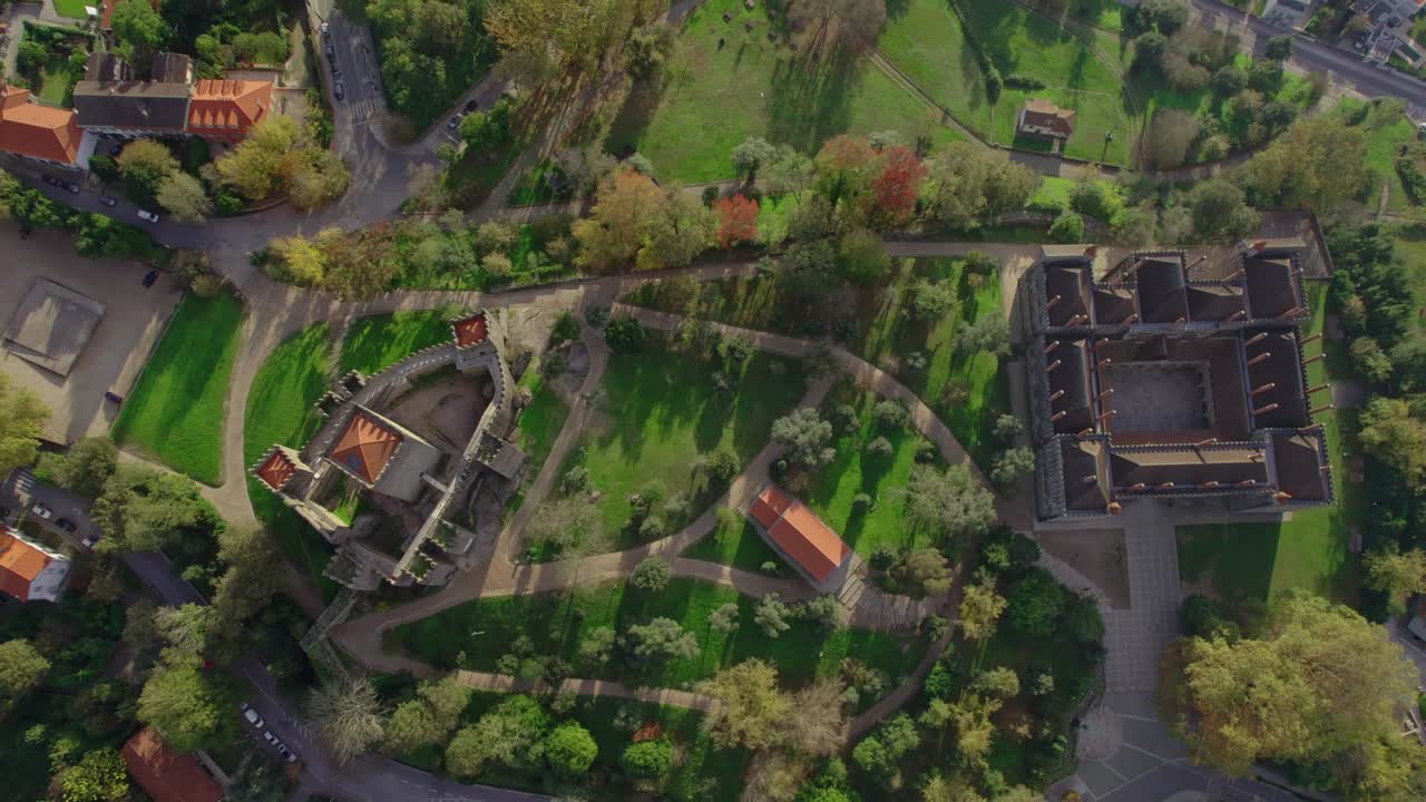 Aerial view of Guimarães castle grounds park and historic buildings