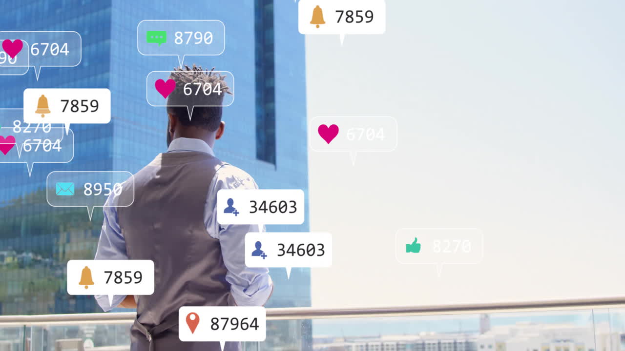 Standing on balcony, man with animation of social media notifications over cityscape