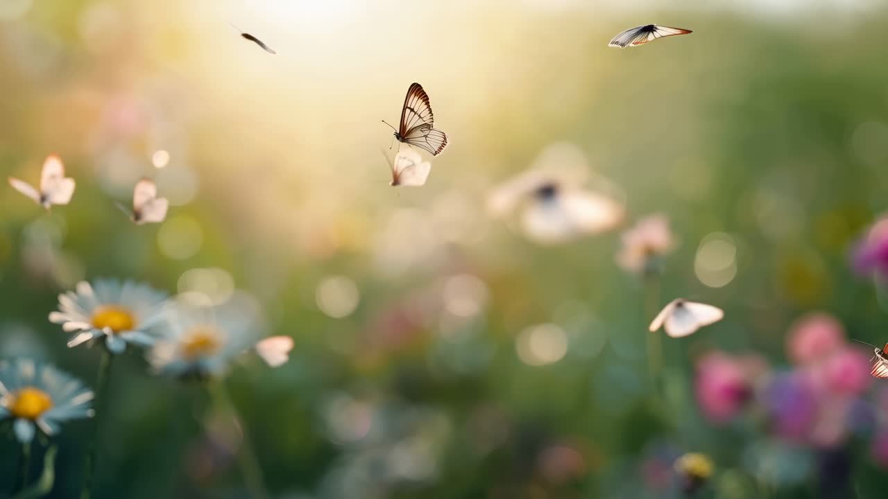 そよ風が吹く日当たりの良い牧草地で、デイジーや花々の上をひらひらと舞う淡い色の蝶々たち。