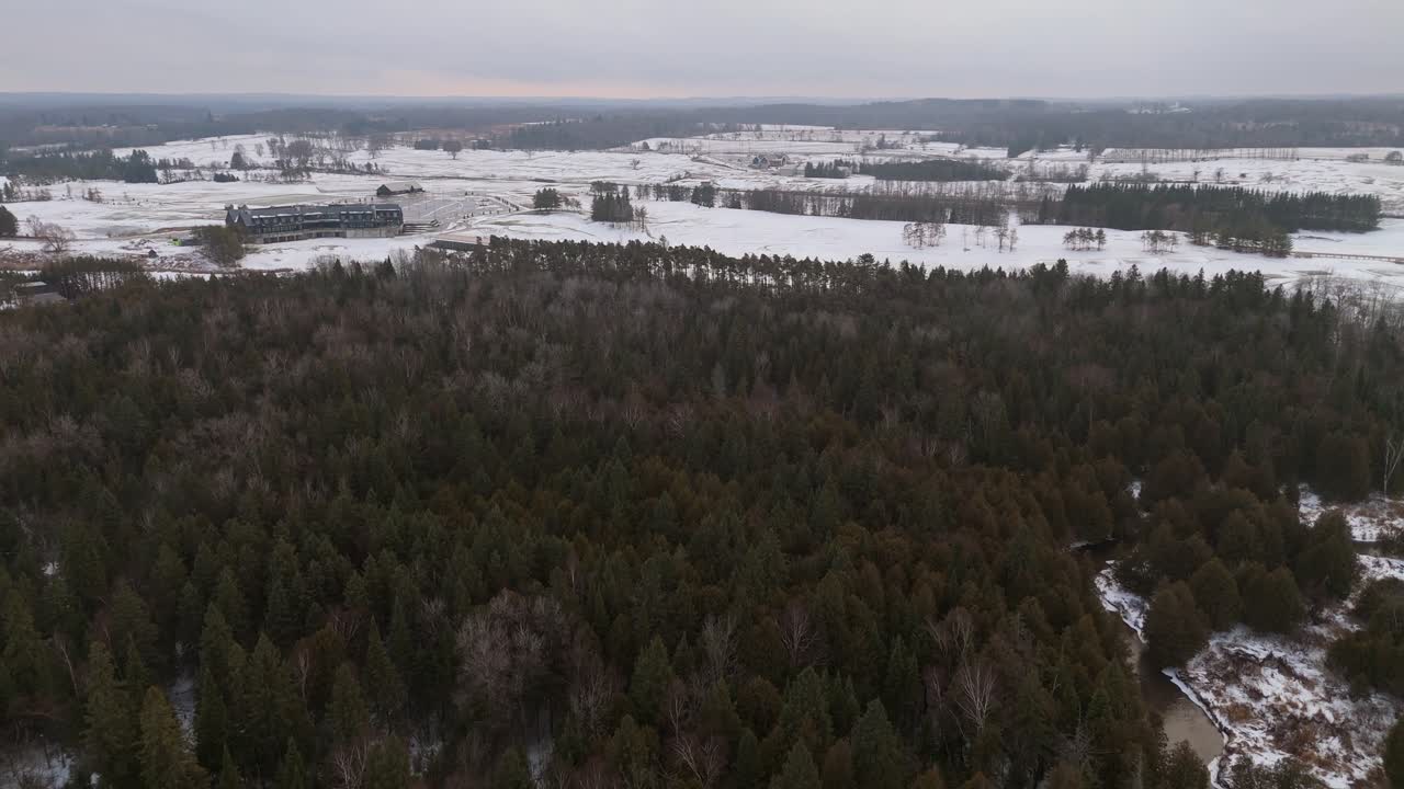 Tpc toronto golf course, snowy forest, and serene credit river landscape , aerial view