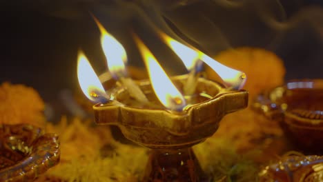 diya lamps lit during diwali celebration of indian hindu light festival called diwali, rengoli decoration during deepavali