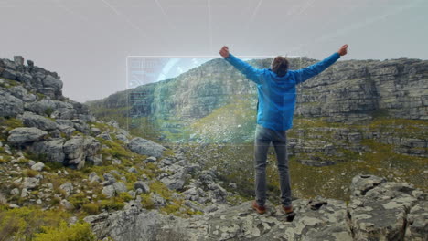 animation of scope scanning and data processing over man in mountains