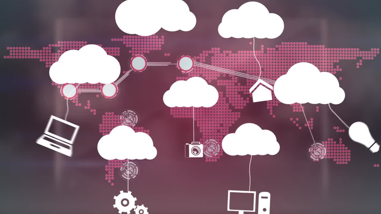 Animation of digital clouds with diverse computer devices over world map