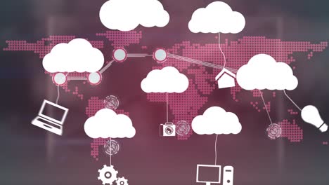 animación de nubes digitales con diversos dispositivos informáticos sobre el mapa del mundo