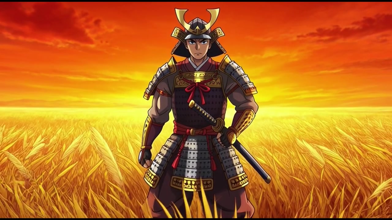 Samurai anime in piedi in un campo di grano dorato al tramonto