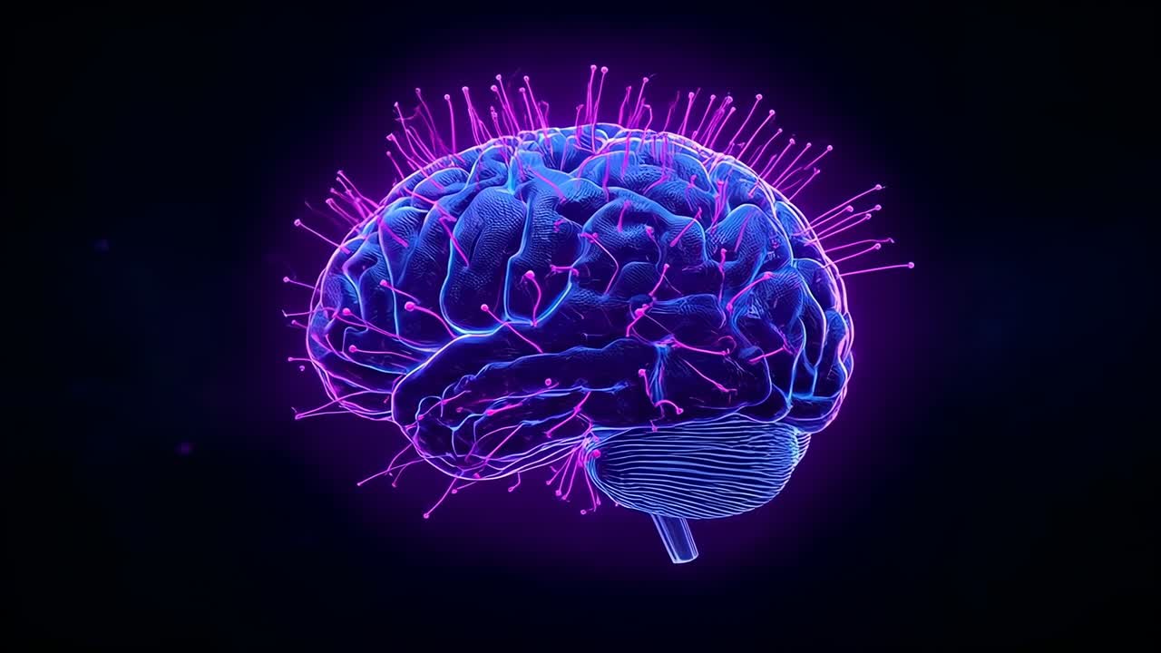 Animating 3D brain model rotating and tilting in void, filaments lengthening revealing cerebellum