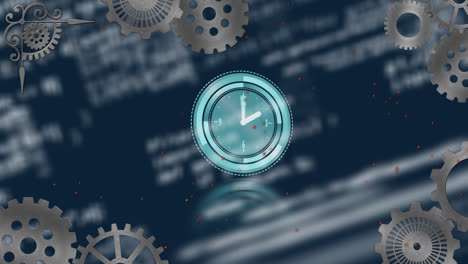 animation of clock moving over data processing on blue background