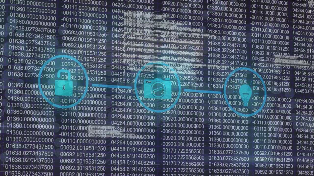 검은색 배경에 아이콘과 데이터 처리로 연결 네트워크의 애니메이션