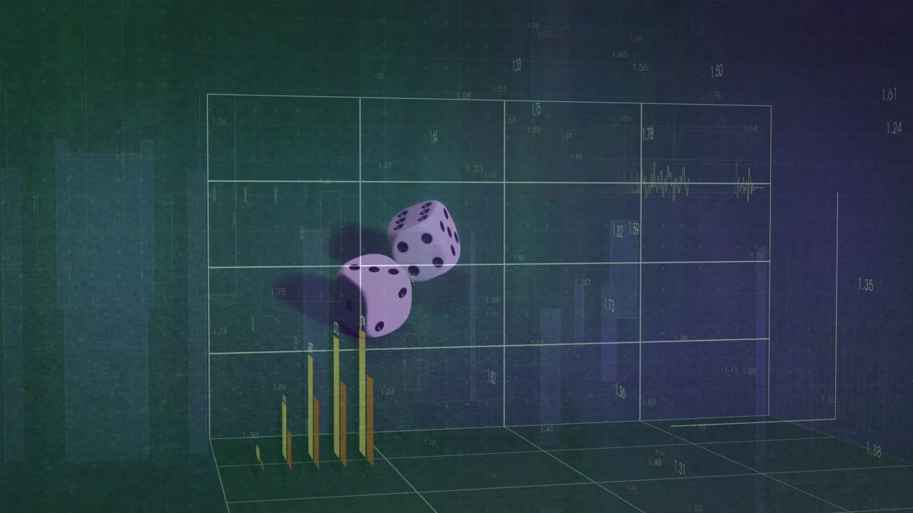 As bars emerging from right, pair of white dice rolling across grid, bars rising, visualizing trend