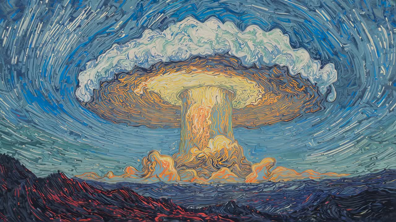 Erupting from ground ignition, mushroom cloud expanding cap over rocky ground, with swirling waves