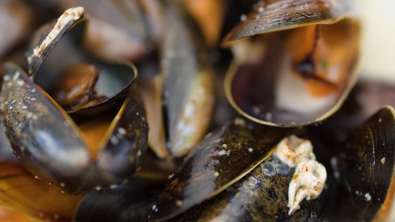 Steamed mussels in shells, shallow depth of field, natural lighting, slow camera push-in movement