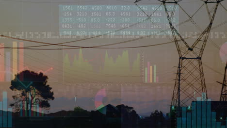 steel lattice tower standing at dusk, displaying data grid and line charts over rooftops