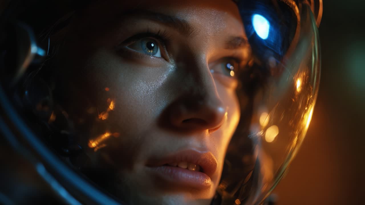 Primo piano accattivante del volto di un astronauta dietro il casco che riflette la luce, catturando l'intensità dell'esplorazione spaziale e la determinazione umana.
