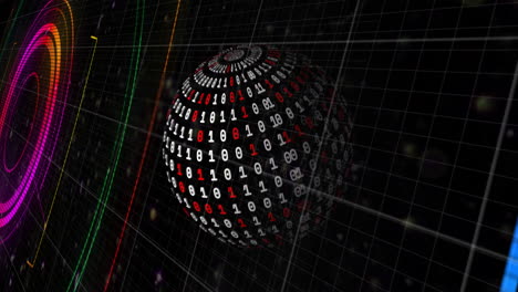 animation of scope scanning with shapes over globe with data processing on black background