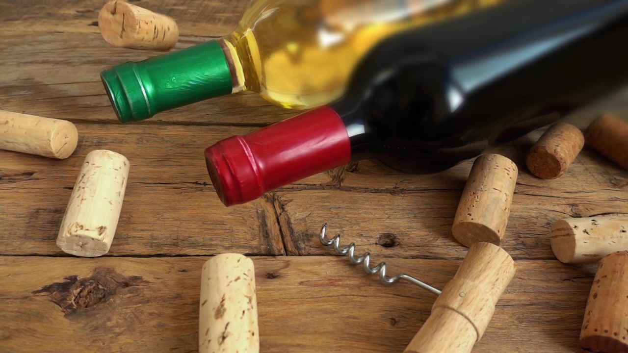 Bottiglie di vino su una vecchia tavola di legno vintage e tappi che cadono. Movimento rallentato
