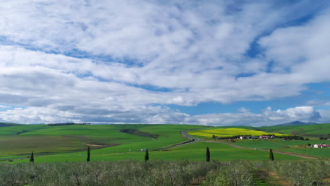 timelapse - clouds moving over green hills of countryside, shot from vantage point over olive grove