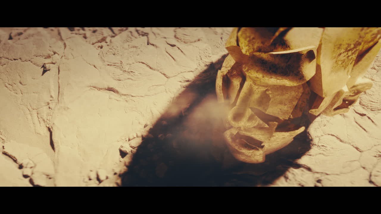 Huge golden statues in the desert during sunset