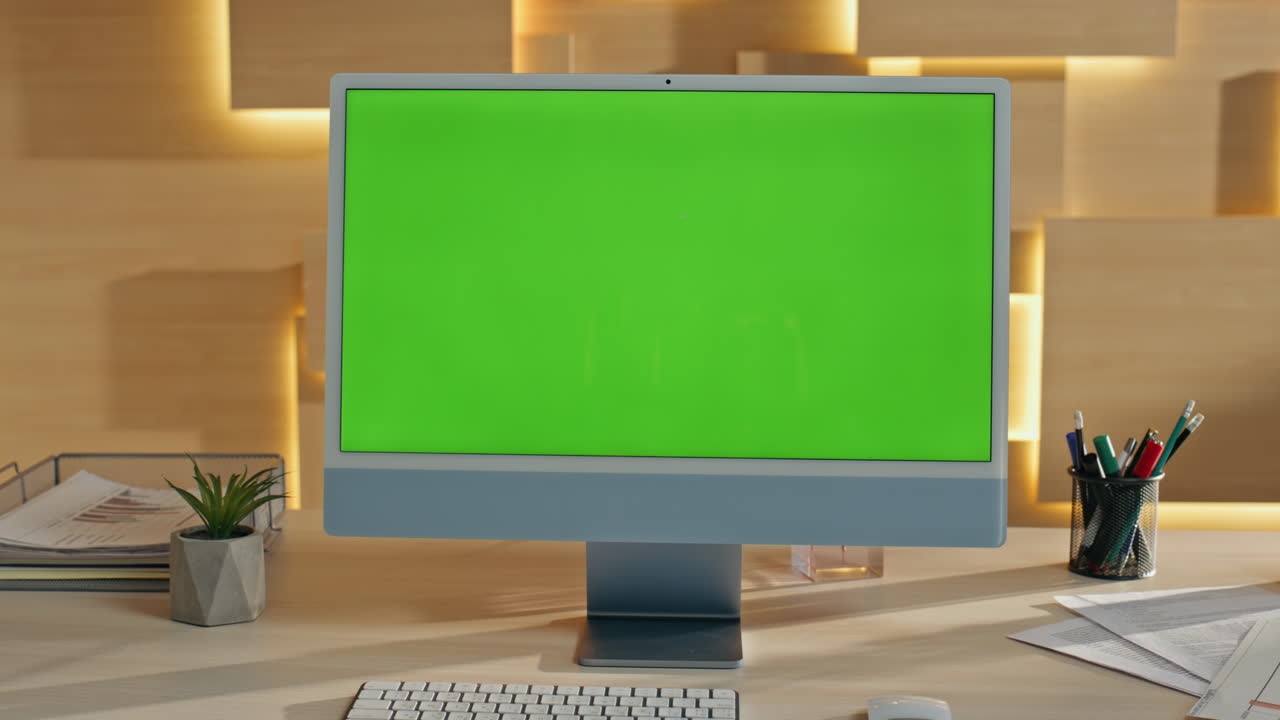 Modern Office Workspace with Green Screen Monitor