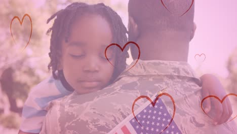 Animation-of-hearts-falling-over-african-american-male-soldier-and-his-son