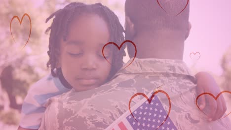 animación de corazones que caen sobre un soldado afroamericano y su hijo