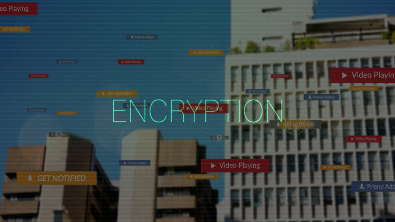Encryption text animation over urban buildings with various notification labels