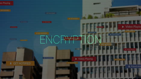 encryption text animation over urban buildings with various notification labels