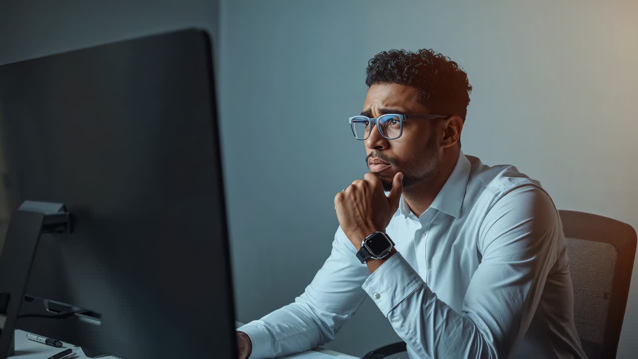 Leaning office worker studying monitor at desk as screen updating, reviewing files in white shirt