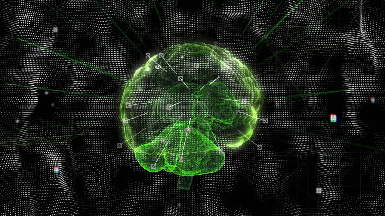 Animation of digital brain with neural connections over abstract grid background