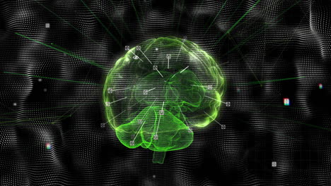 animation of digital brain with neural connections over abstract grid background