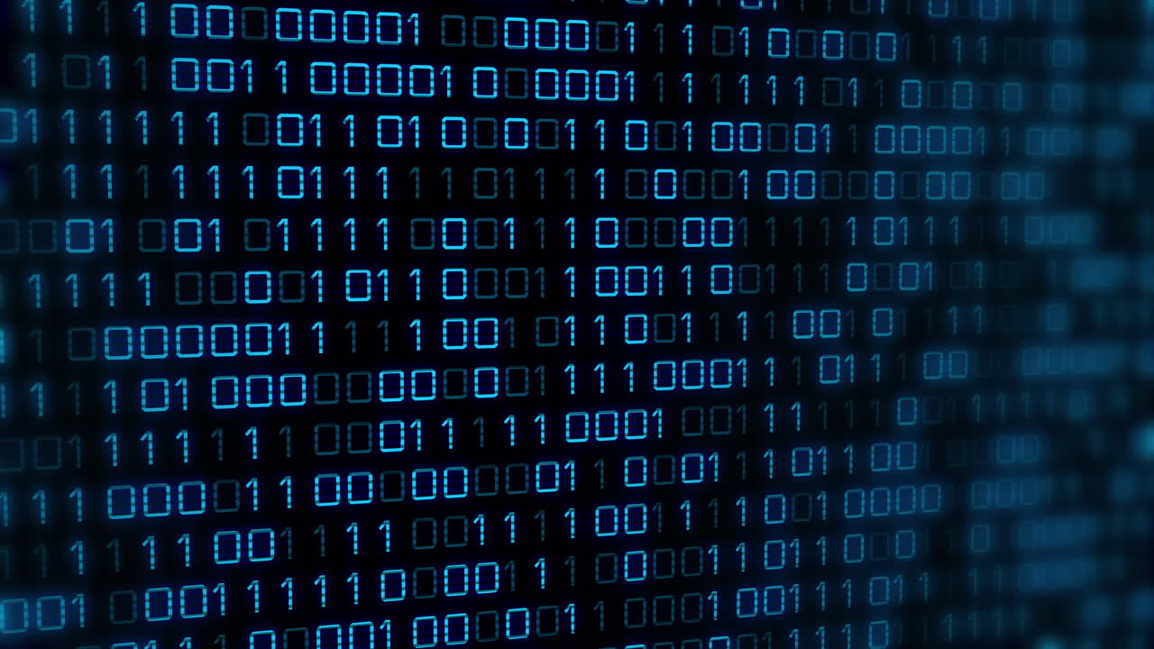 Animation of blue binary code changing on black background
