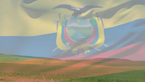 ecuadorian flag animation over scenic landscape with fields and hills