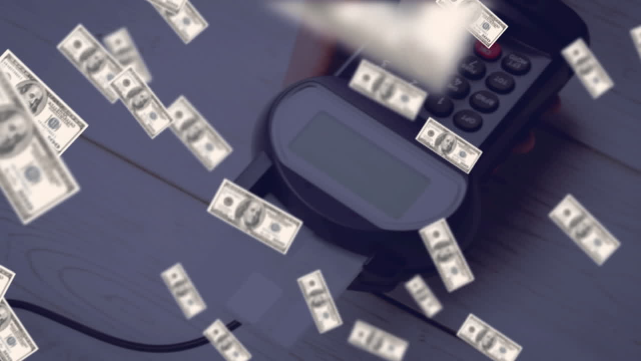 Animazione di dollari fluttuanti su terminale di pagamento