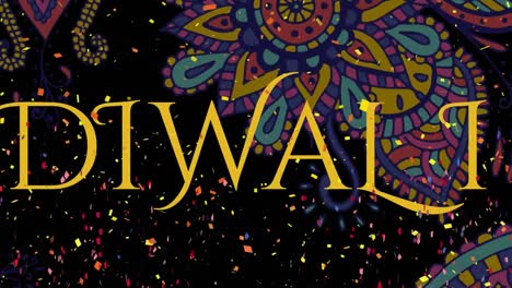 confetti falling over diwali text against colorful floral decorative designs on black background