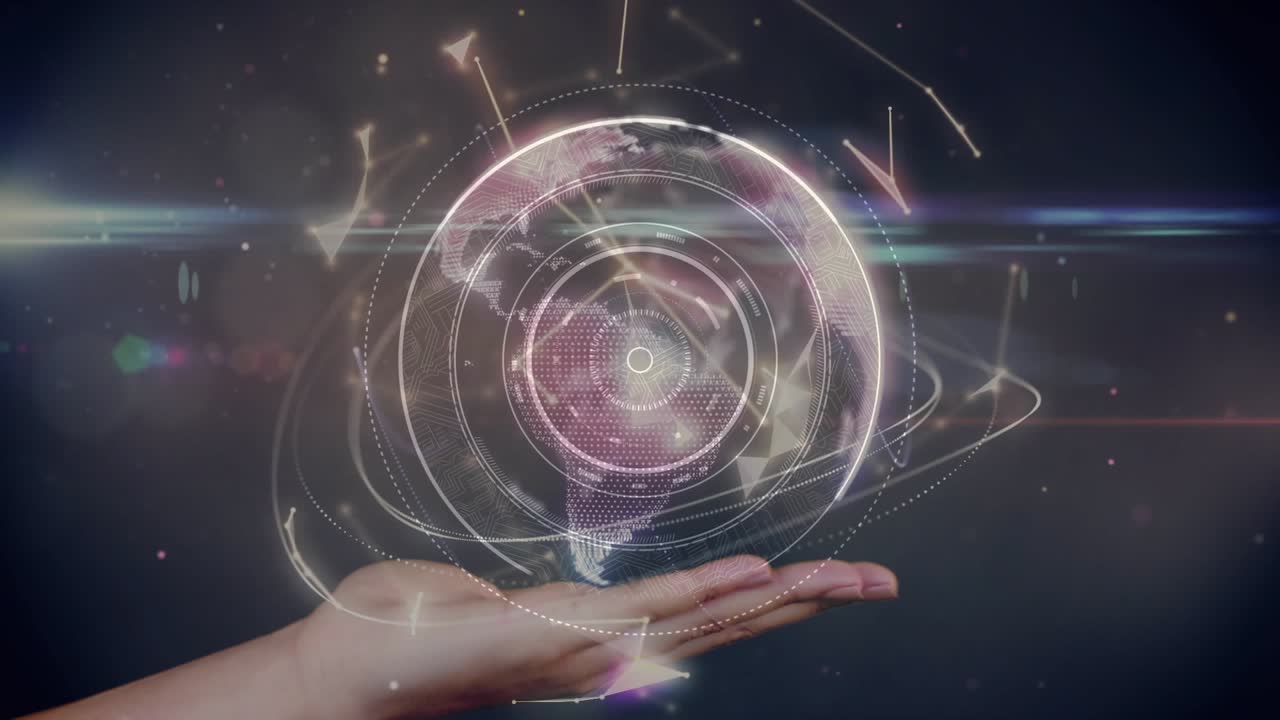Animação de scanner circular neon e globo de redes de plexo sobre mão em concha