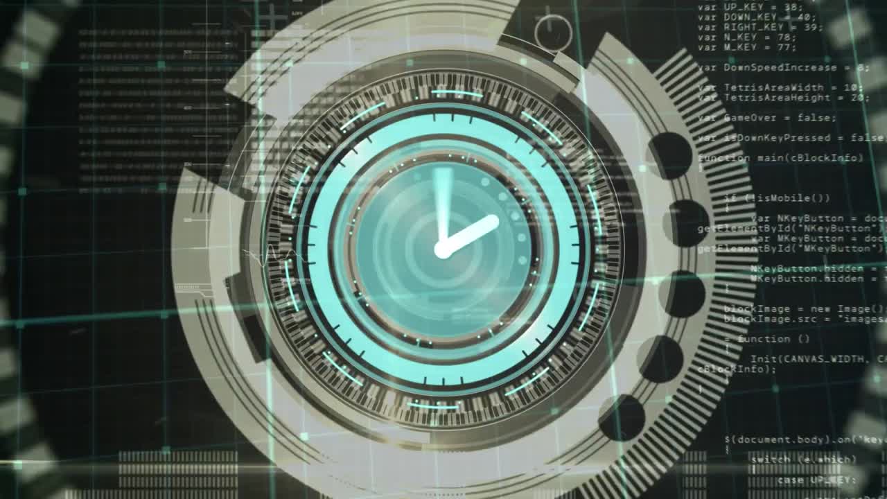 Animation of clock and circular scope scanning over data processing, on grid