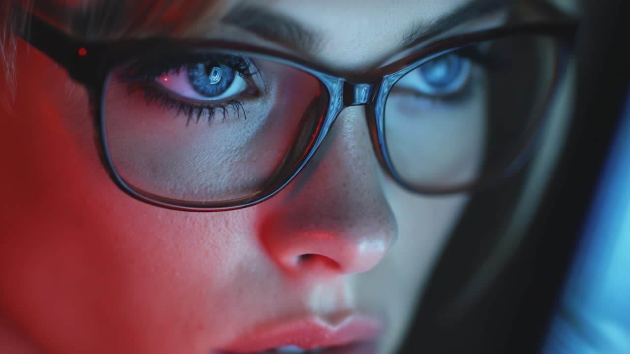 Intense Focus: A Close-Up of a Young Woman's Expression Behind Glasses, Highlighting Her Stunning Blue Eyes and Engaging Reflection in Ambient Light