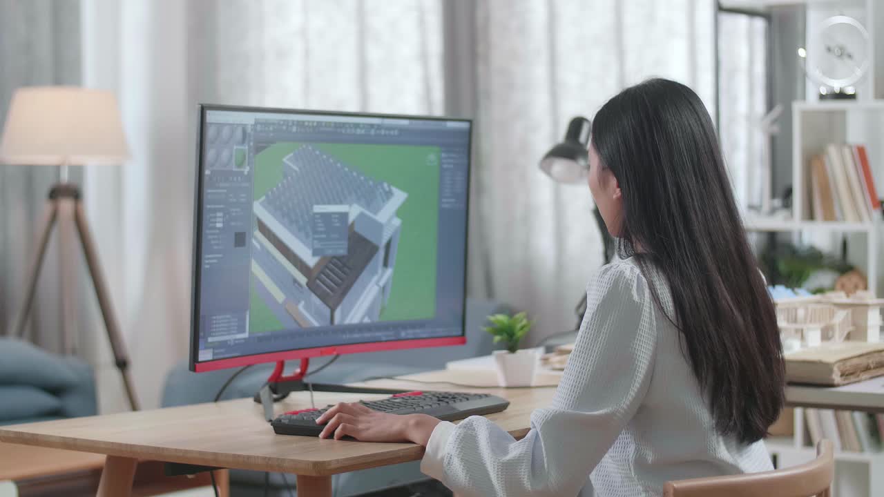 Asian Woman Engineer Design And Zoom In 3D House With Solar Pannel While Working On A Desktop At Home. Cyber Games House Design And Decoration