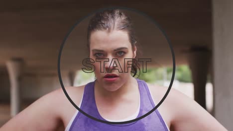 animation of start text in black circle outline over woman taking break in exercising in background