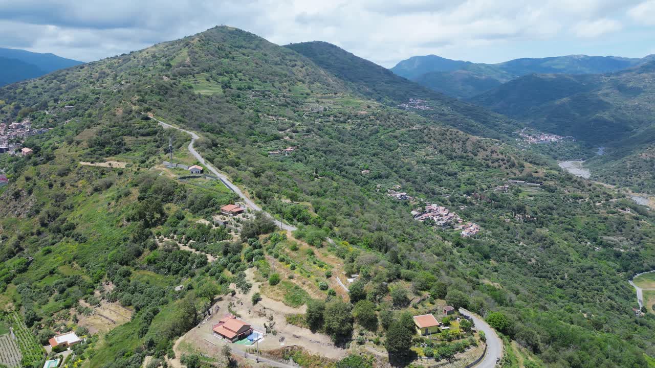 Aerial drone footage of the Sicilian landscape: mountains meeting the sea, green hills, and Mediterranean light. Ideal for travel, nature, and scenic stock footage
