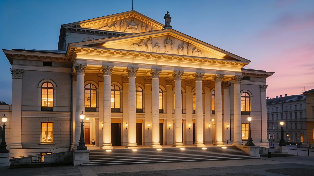 La telecamera filma una facciata neoclassica in una piazza con colonne, scale e finestre illuminate, mentre il crepuscolo avanza.