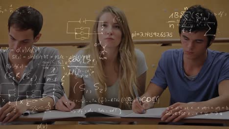 símbolos matemáticos con estudiantes en el fondo